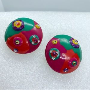 Pop Art Vintage Big Chunky Crazy Artsy Stud Earrings Colorful Rhinestones Unique